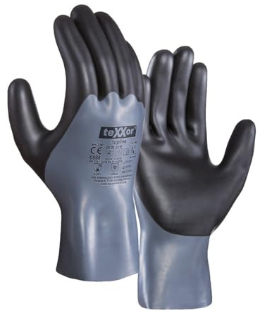 texxor 12 Stück Chemikalienschutz-Handschuhe 2361, Nitril, Packung, grau-schwarz, 8/M, Chemikalienhandschuhe, Nitrilhandschuhe, Schutzhandschuhe