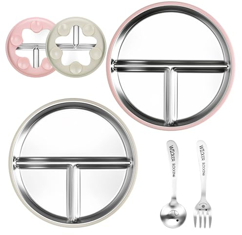 Huiguli 2 Pièces Divisées en Acier Inoxydable 304 pour Enfants, 23cm Assiettes à Dîner avec Ventouse en Silicone, Ensemble de Vaisselle avec Cuillère et Fourchette, Sans BPA