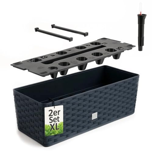 BigDean 2X Blumenkasten mit Wasserspeicher Rattanoptik anthrazit 51x18x18cm | wetterfest