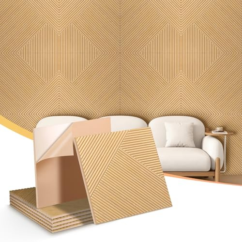Laapee Acoustic Wall Panels 6-Pack (23.6x23.6in Each) - 25dB Noise Reduction, Self-Adhesive Brown | Wood Grain Decor, No Tools DIY for Studio, Home Office, Bedrooms