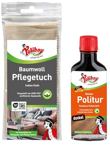POLIBOY fixneu Politur dunkel - Holzpflege für dunkle lackierte Holzmöbel - Möbelpolitur zur Farbauffrischung & Schutz - 1x 100 ml - inkl. Baumwolltuch zur Anwendung - Made in Germany