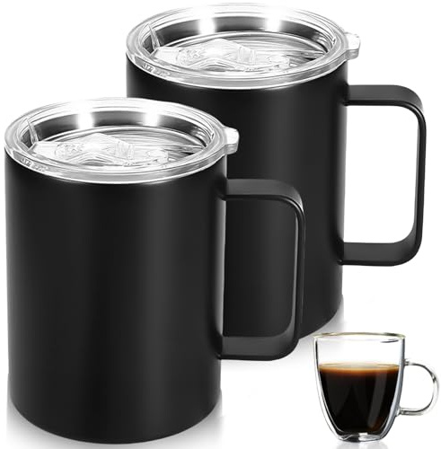 2 stycken kaffekoppar i rostfritt stål, 350 ml drickkoppar i rostfritt stål med handtag, rostfri bägare Longlife Cup, dubbelväggiga isoleringskoppar med dubbla väggar dryckesbägare för resor camping