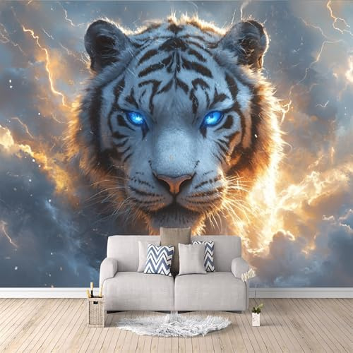 3D Fototapete Tiger 200x140 cm 3D Wandbild Tapete, Modern Vlies Motivtapeten, Wolkenblitz Groß Foto Tapete, Schlafzimmer Wohnzimmer Büro Wandtapete Deko.