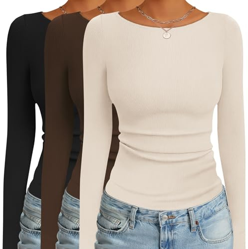 Ekouaer 3 Pack Womens Long Sleeve Shirts Boat Neck Ribbed Thermal Undershirts Lightweight Basic Top Black/Brown/Beige XS