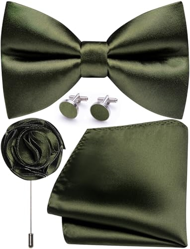 Ailisus Herren-Fliege und Einstecktuch, Manschettenknöpfe, Anstecknadel-Set, Seide, vorgebundene Fliege, verstellbar, Hochzeit, Party, Business, olivgrün, Einheitsgröße