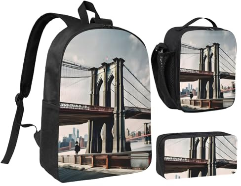 LXqlSS Brooklyn Bridge - Mochila para uso diario, juego de 3 mochilas con lonchera y estuche para lápices