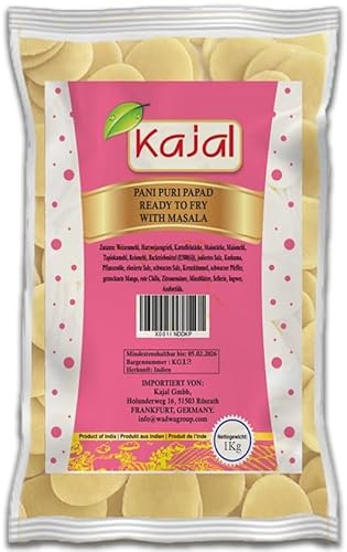 Pani Puri Golgappa para freír 1000 g – Snack de comida callejera india | Higiénico, crujiente y delicioso | Con Masala Fresh Papad | Golgappa Puchka listo para freír con adhesivo Kajal