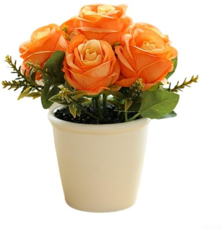 Artificial Rose Flower Small Tree In Pot – Lifelike Potted Plant With Plastic And Silk Blooms For Wedding, Party, Home, Office, Restaurant Or Garden Decoration, 18X10x8cm(Orange)