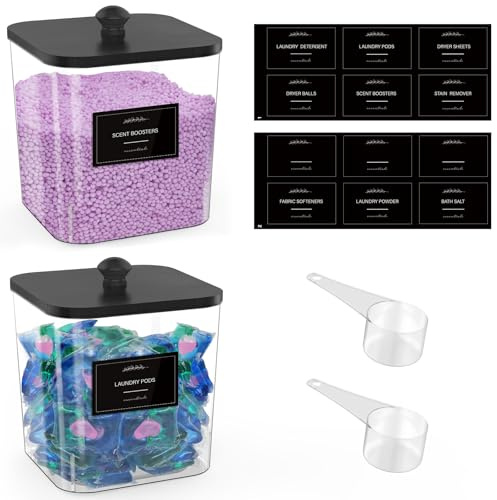 COAZEX 2 Pack Clear Laundry Pods Container, Plastic Square Laundry Room Organization and Storage Jars with Black Lids, Scoops & Labels for Detergent, Powder, Dryer Balls