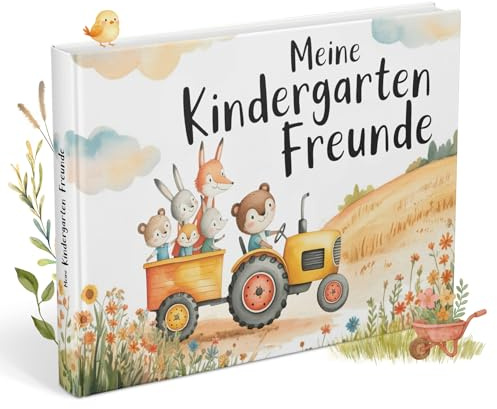 Freundebuch für den Kindergarten mit Traktor-Motiven | Erinnerungsbuch zum Ausfüllen mit Platz für 30 Freunde & 5 Wegbegleiter (z.B.Erzieherinnen) | Beliebtes Geschenk für Jungen im Kindergartenalter
