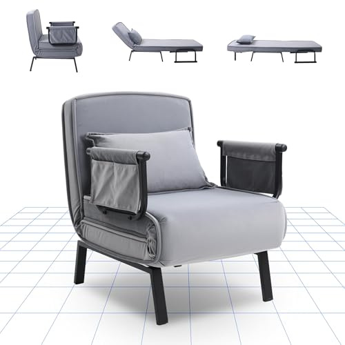 FlexiSpot 3-in-1 Schlafsessel mit Bettfunktion, Verstellbare Rückenlehne, Gästebett & Schlafsofa aus Leinen mit Seitentasche, Klappbare Beine, Platzsparend für Wohnzimmer, Schlafzimmer oder Büro, Grau