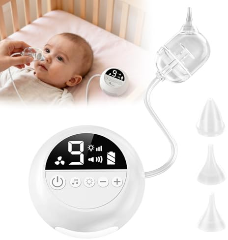 Aspiratore nasale elettrico per bambini con 9 livelli di aspirazione, 7 modalità di luce, musica rilassante e 3 misure di ugelli in silicone di qualità alimentare, aspiratore nasale elettrico per