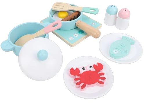 RASTKY Ensemble de Cuisine en Bois, Jouets de Cuisine Réalistes pour Enfants, Ustensiles en Bois de Hêtre, Casseroles, Assiettes, Accessoires de de Simulation pour Les Tout-Petits, Jouets de pour