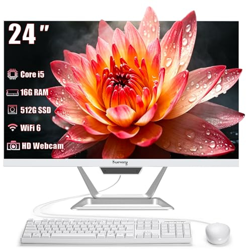 suevery Cámara web HD todo en uno para el hogar y la oficina | WiFi 6 | Core i5 16GB RAM 512GB SSD | PC para juegos todo en uno de 23.8 pulgadas 1080P | con teclado y mouse, color blanco