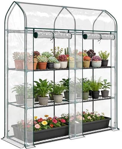 Outsunny Serre de Jardin avec Étagères 3 Niveaux à Toit Pointu, Petite Serre de Balcon en Bâche PVC et Châssis Acier, 2 Portes Roulantes, pour Légumes Plantes Fleurs, 143 x 46 x 165 cm, Transparent