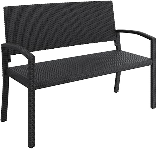 Yaheetech Panchina in Polyrattan da Giardino per 2 Persone Panca da Esterno Impermeabile con Schienale e Braccioli per Balcone Terrazza 121,5 × 62 × 89 cm Nero