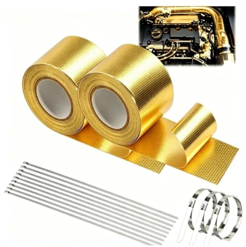 2PCS Auspuff Dichtband Selbstklebend, Aluminium Klebeband Gold 10mx5cm | Alu Klebeband Hitzebeständig, Hitzeschutzband Auspuff, Bis Zu 850°F, Mit 12 Edelstahl-Kabelbindern, Für Auto Kfz Motorrad