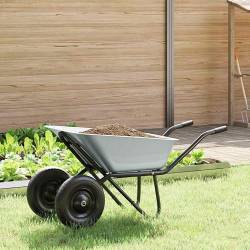 QUAHEAS Steel Wheelbarrow Silver and Black 137 x 60 x 65.5 cm with Pneumatic Tyres for Gardening, Transport Cart for Soil, Leaves, Sand, Robust, Ergonomic, Foldable, Rustproof, Stable
