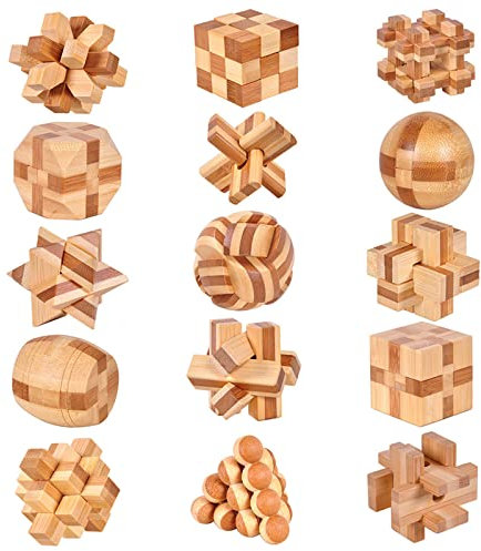Holzsammlung Set of 15 3D Wooden Brain Teaser Puzzles, IQ Challenge Puzzle Games, Small Logic Mind Puzzle Box Toy Removing Assembling Lock Puzzle Gift Set for Adults Teenagers Kids, 1.8inch 4.5cm