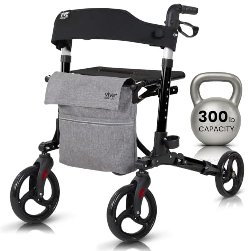 Vive Mobility Andador con ruedas plegable de 4 ruedas con asiento y bolsa, ayuda de movilidad para adultos, personas mayores, ancianos y discapacitados (negro medianoche, bolsa gris)