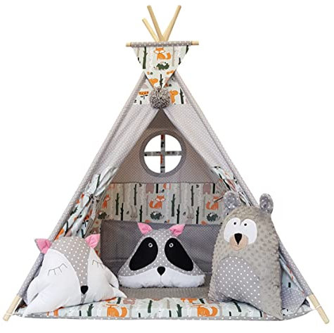 Izabell Spielzelt Teepee Tipi Set für Kinder drinnen draußen Spielzeug Zelt Indianer Indianertipi mit Fenster Tipi mit Zubehör Tipizelt