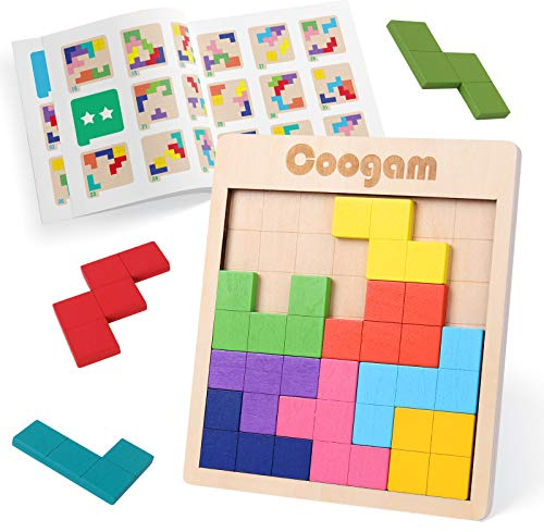 Coogam Wooden Tangram Puzzle Pattern Blocks Brain Teasers Game with 60 Challenges, 3D Russian Building Toy Wood Shape Jigsaw Puzzles Montessori STEM Educational Toys Gift for Kids Adults