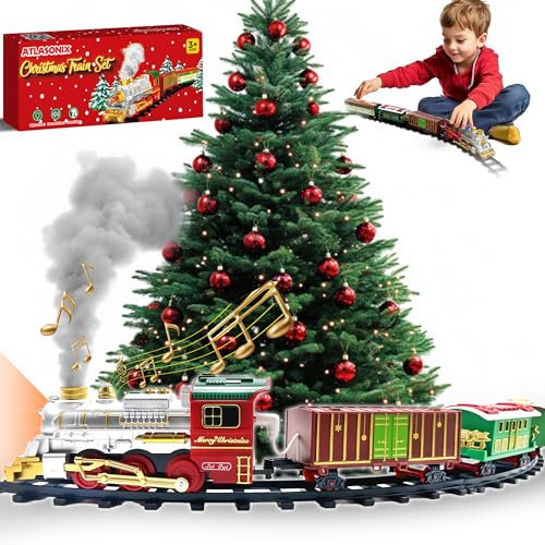 Atlasonix Weihnachtszug-Sets für den Baum mit Lichtern und Geräuschen, Weihnachtsspielzeug Urlaubszug um den Weihnachtsbaum mit großen Schienen, elektrisches Zug-Set für Kinder im Alter von 4–8 Jahre