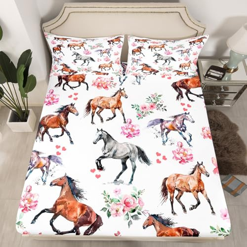Horse Fitted Sheet Full Size Farm Western Cowboy Cowgirls Bed Sheets Kids Boys Girls Teens Pink Rose Floral Bedding Set Deep Pocket,Cute Lover Heart Kawaii Horse Microfiber Bed Cover,no Flat Top Sheet