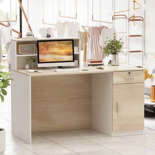 Homsee Modern Reception Desk Counter with Hutch, Lockable Drawer & 1 Door Cabinet, Office Wooden Computer Desk Reception Table, White and Brown (55.1”L x 23.6”W x 43.3”H)