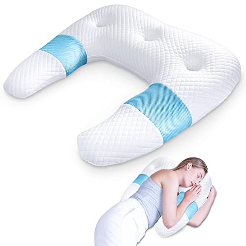 SAHEYER Side Sleeper Pillows for Adults, U Shaped Body Pillow for Pain Relief, Orthopedic Memory Foam Shoulder Pillow for Side,Stomach, Back, Arm with Removable Washable Cover (Upgraded Version), Blue