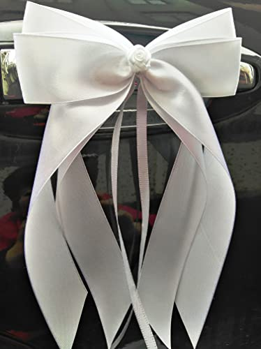 Miya@ 10 hochwertige Handgemacht Weiss Antenneschleifen mit Rosa aus Satin, Auto Schleifen, Hochzeit Deko, Autoschmuck (3 cm Weiss)