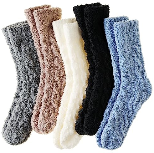 Velice Womens Fuzzy Socks Soft Cozy Fluffy Slipper Socks Winter Warm Plush Sleeping Christmas Socks 5 Pairs(Black/Grey/Blue)