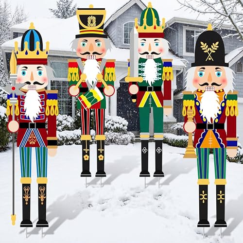 Soaoo 4 letreros de gnomo de Cascanueces de Navidad con estacas Grandes, decoración de Patio de Navidad, gnomo Gigante de Cascanueces, decoración de Navidad para Exteriores y Porche