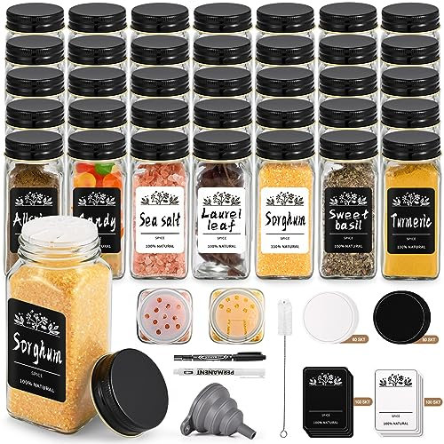 FNLLC Gewürzgläser Eckig 35er Set mit DIY Gewürzetiketten, 120ml Gewürzdosen mit Streueinsatz, Kreidestif, Trichter & Bürste, Schwarzem Deckel