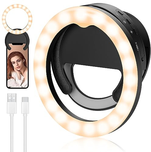 RealPlus Ring Light Téléphone Portable, Anneau Lumineux Lampe Rechargeable Rotatif avec Clip & Dimmable pour Photo, Vidéo, Streaming, Maquillage, Youtube, TikTok, Instagram, Réunion Zoom -Noir