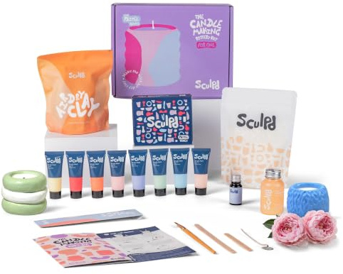 Sculpd Töpferei-Kit zur Kerzenherstellung für Erwachsene mit lufttrocknendem Ton und Acrylfarben-Set, ungiftiges Öko-Soja-Wachs, duftendes Duftöl, Kerzenglasur, Werkzeuge & Anleitung, 1 Kerze