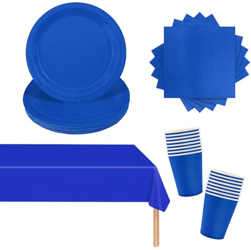 POPOYU 53 Pezzi Stoviglie per Feste di Compleanno Blu, Set con Piatti di Carta, Tovaglioli, Bicchiere, Tovaglia per Compleanni, Matrimoni, Decorazioni Natalizie