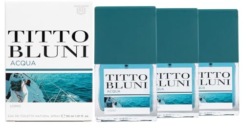 TITTO BLUNI - Acqua Uomo Pack de 3 x 30 ml, Colonia Hombre, Formato Viaje en Spray, Perfume Hombre, Eau de Toilette Natural y Masculina, Aroma Especiado e Intenso, Fragancia Atractiva y Duradera
