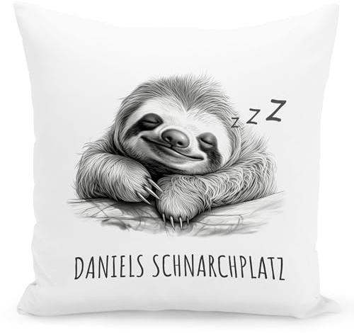 DEL MÀ Unique & Personal Faultier Kissen mit Namen personalisiert Schnarchplatz Schnarchecke Geburtstagsgeschenk Dekokissen Männergeschenk Deko Wohnzimmer Geschenk 40x40 cm inkl. Füllung