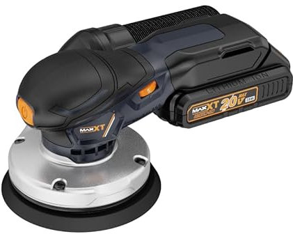 MAXXT Levigatrice orbitale senza spazzole da 2,5 mm, senza fili, batteria agli ioni di litio da 20 V (2,0 Ah), velocità variabile 4000 – 10000 giri/min, con 10 dischi abrasivi (125 mm) per lavori in