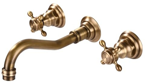 BiaoTeng 3 Hole Basin Mixer Taps for Bathroom Wall Mounted Hot and Cold Brass Sink Taps with Antique Finish