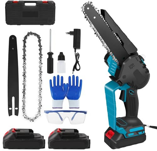 Mini Tronçonneuse à Batterie，3000mAh, 6 Pouces Électrique Electrique Sans Fil, 2000W Mini Scie à Chaîne Électrique Pour la Jardinage, La Taille des Arbres, La Coupe du Bois，2 Batteries