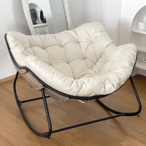 HARELA Rattan-Schaukelstuhl mit gepolsterten Kissen, Schaukelstuhl Outdoor/Wohnzimmer, Lounge Sessel Outdoor, für Schlafzimmer, Wohnzimmer, Ecke, Veranda(Cream)