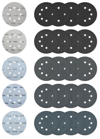 125mm Dischi Abrasivi, 40 pezzi Carta Vetrata al Carburo di Silicio, 8 x 320/400/600/800/1000 Graniglie, per Levigatrici Orbitali(8 Fori)