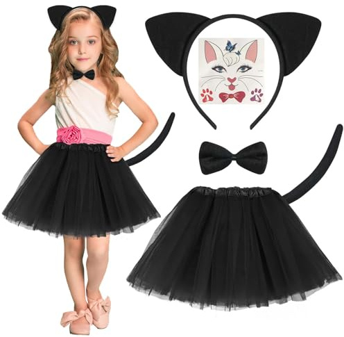 ACWOO Katt Cosplay Set med 5 delar Kit Kattdräkt Flicka Tutu Kjol med Pannband Katt Öron Klistermärken Svansar Fluga, för Halloween, Födelsedagsfest Kostym, Carnival Cosplay Party
