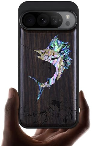 Carveit Coque pour Pixel 9 Pro XL Étui en Bois [Gravure en Bois et Incrustation de Coquille] Antichoc Bumper Case Compatible avec Google Pixel 9 Pro XL Coque (Bois Sombre-Marlin en Plein essor)