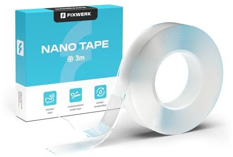 FIXWERK Nano Tape | Doppelseitig Nano Klebeband | Extra stark | 3 Meter Rolle | Klebeband ablösbar | waschbar & wiederverwendbar | transparent (1mm x 1,5cm x 3m)
