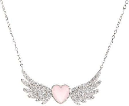 Caratas Angel Wings Necklace with Rose Quartz & Zirconia, 925 Sterling Silver Pendant for Women, Guardian Angel Jewelry Gift, Winged Design with Gemstone, Elegant Necklace for Girls & Ladies