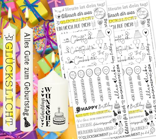 Farbeele 6 Stück Kerzentattoo Wassertransferdruck, 19x14cm Wasserschiebefolie für Kerzen, Kerzenaufkleber, Kerzendekoration für Geburtstag und DIY-Projekte, Einfache Anwendung (Geburtstag)