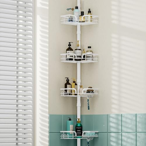 HapiRm Telescopic Shower Caddy Corner - Height Adjustable Bathroom Shelf from 26.4 to 108.3 inch, Rustproof Shower Caddy with 4 Tier & 22 Hooks, No Drilling Shower Shelf, Bathroom Shelves